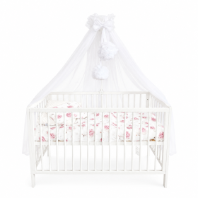 Szyfonowy baldachim do łóżeczka z pomponami Biały